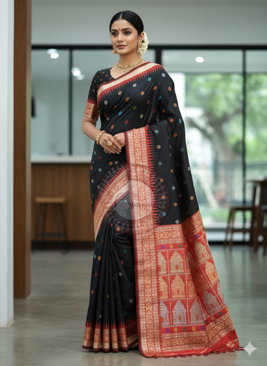 Black Maroon Konark Bomkai Silk Saree