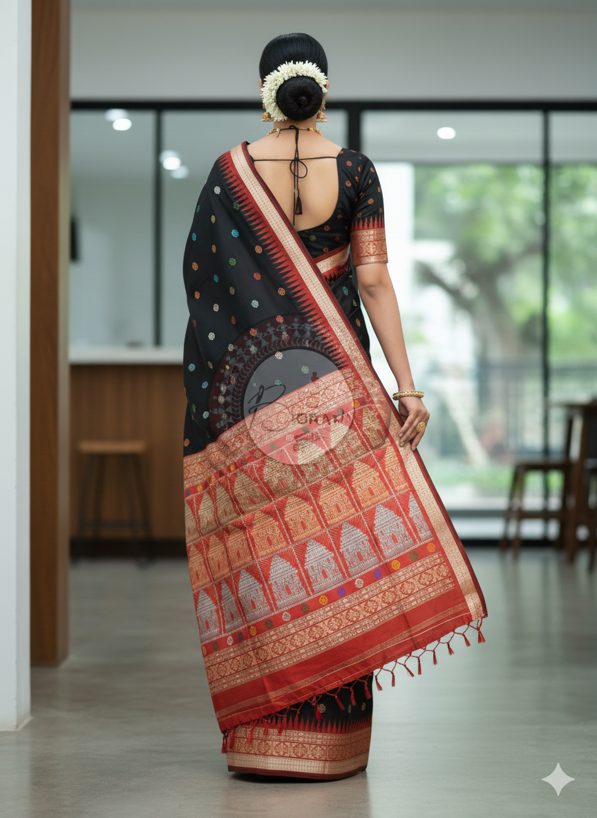 Black Maroon Konark Bomkai Silk Saree
