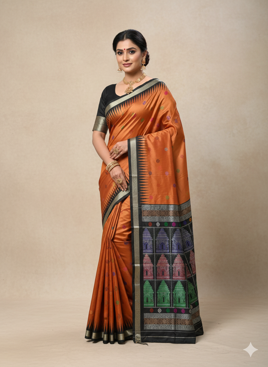 Rust Black Konark Bomkai Silk Saree