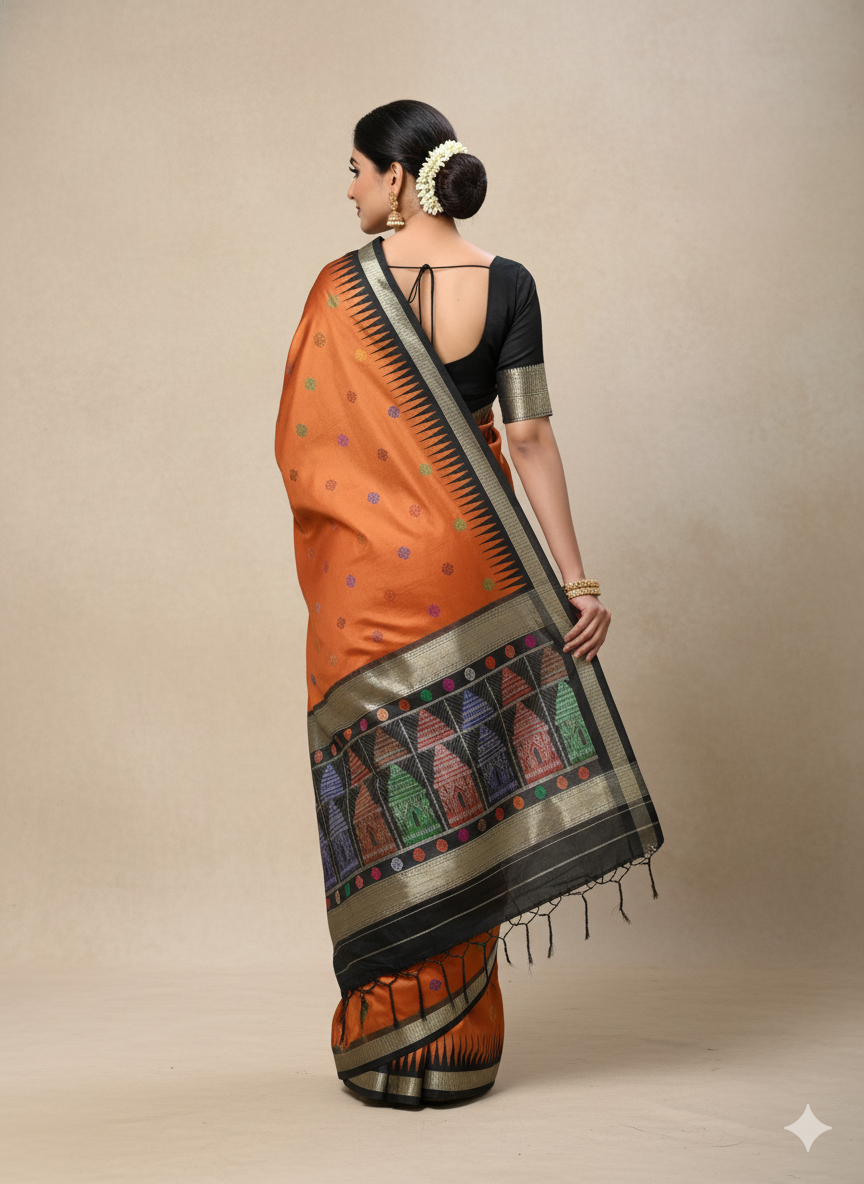 Rust Black Konark Bomkai Silk Saree