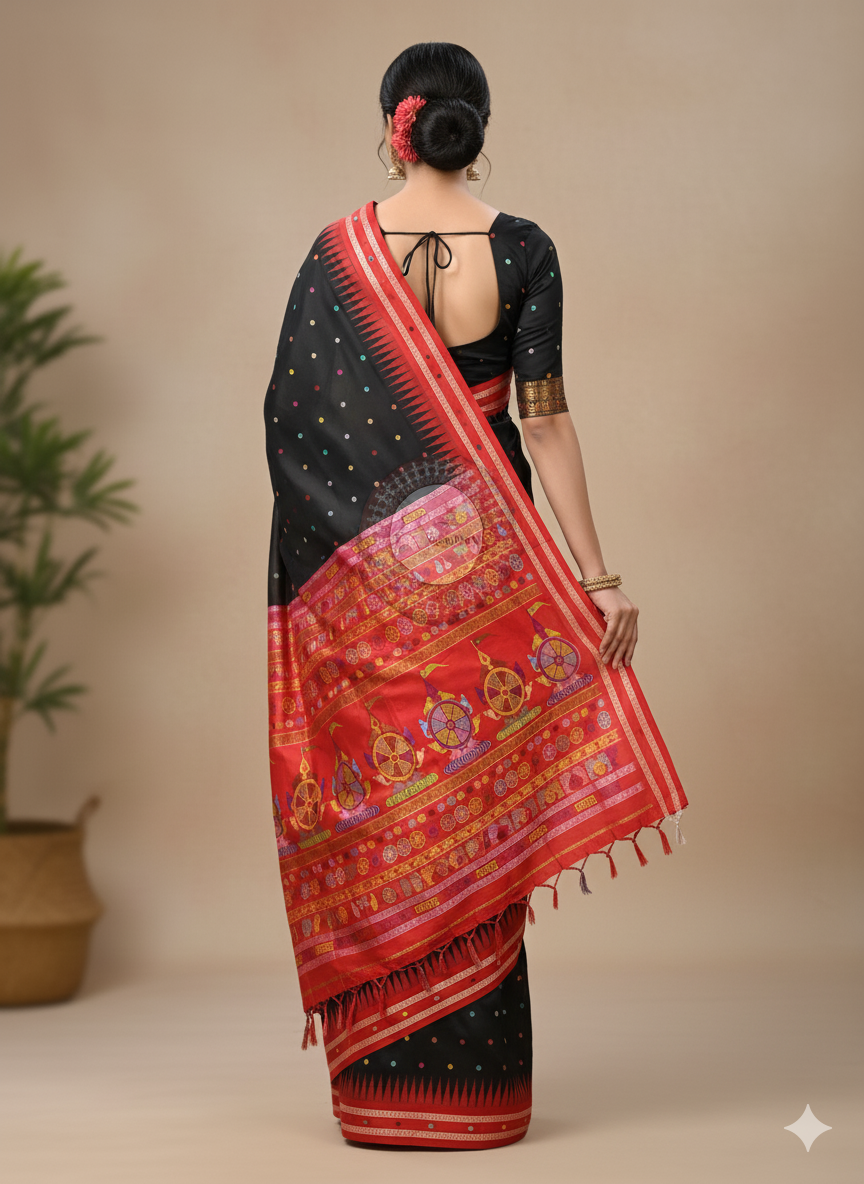 Black Red Neela Chakra Sambalpuri Silk Saree