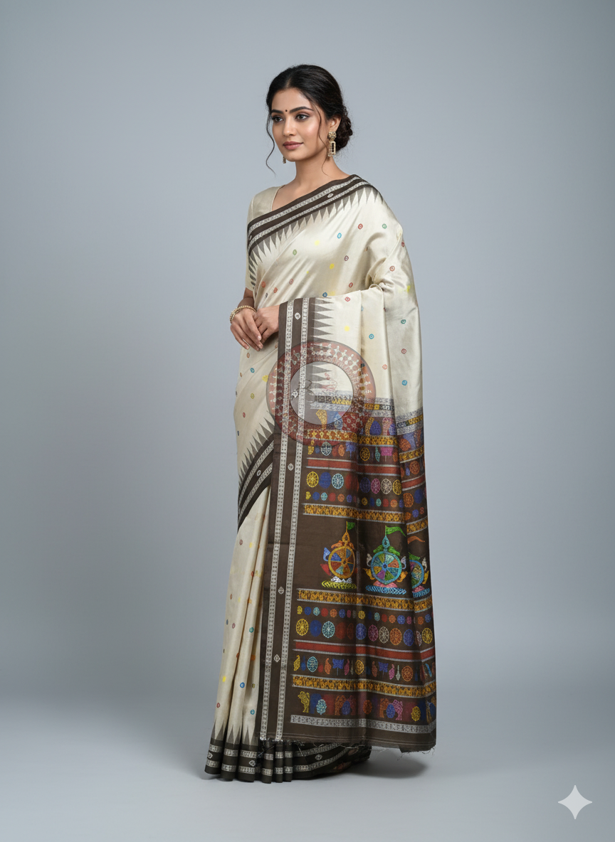 Grey Olive Neela Chakra Sambalpuri Silk Saree