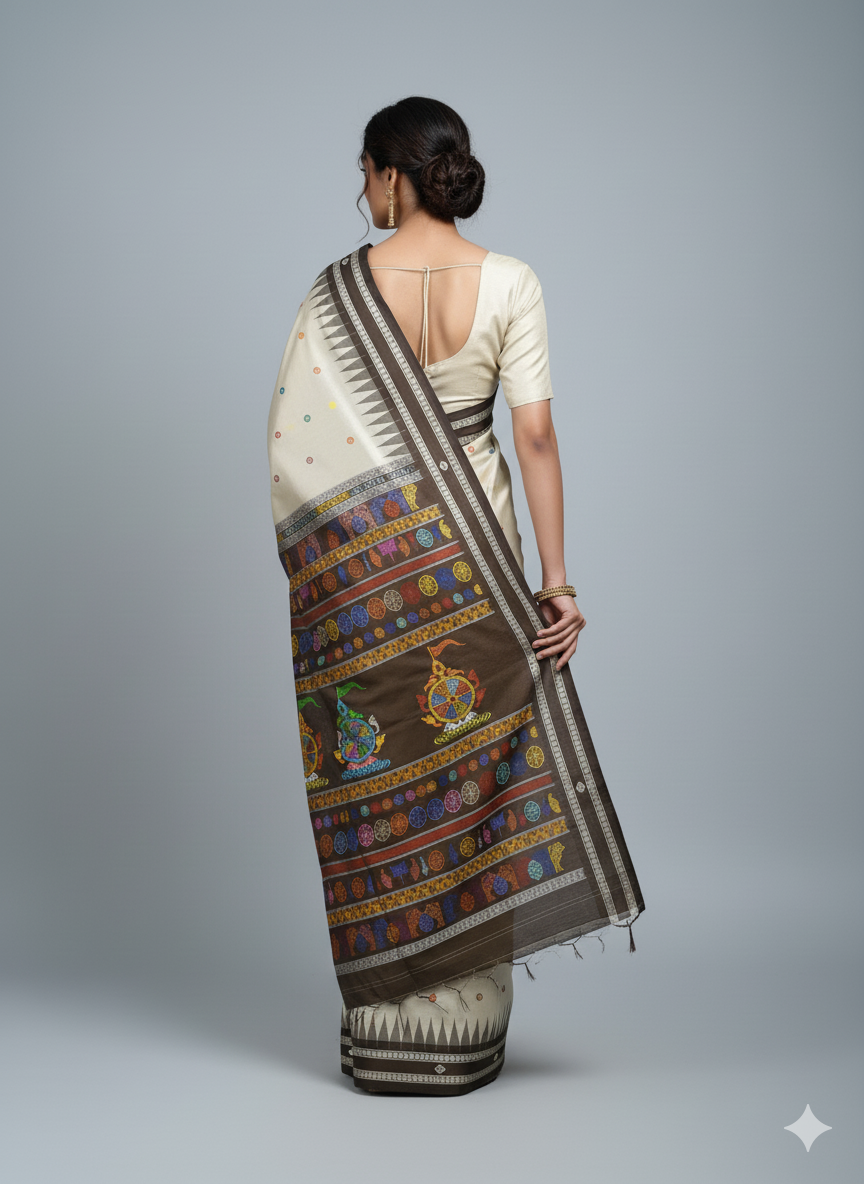 Grey Olive Neela Chakra Sambalpuri Silk Saree