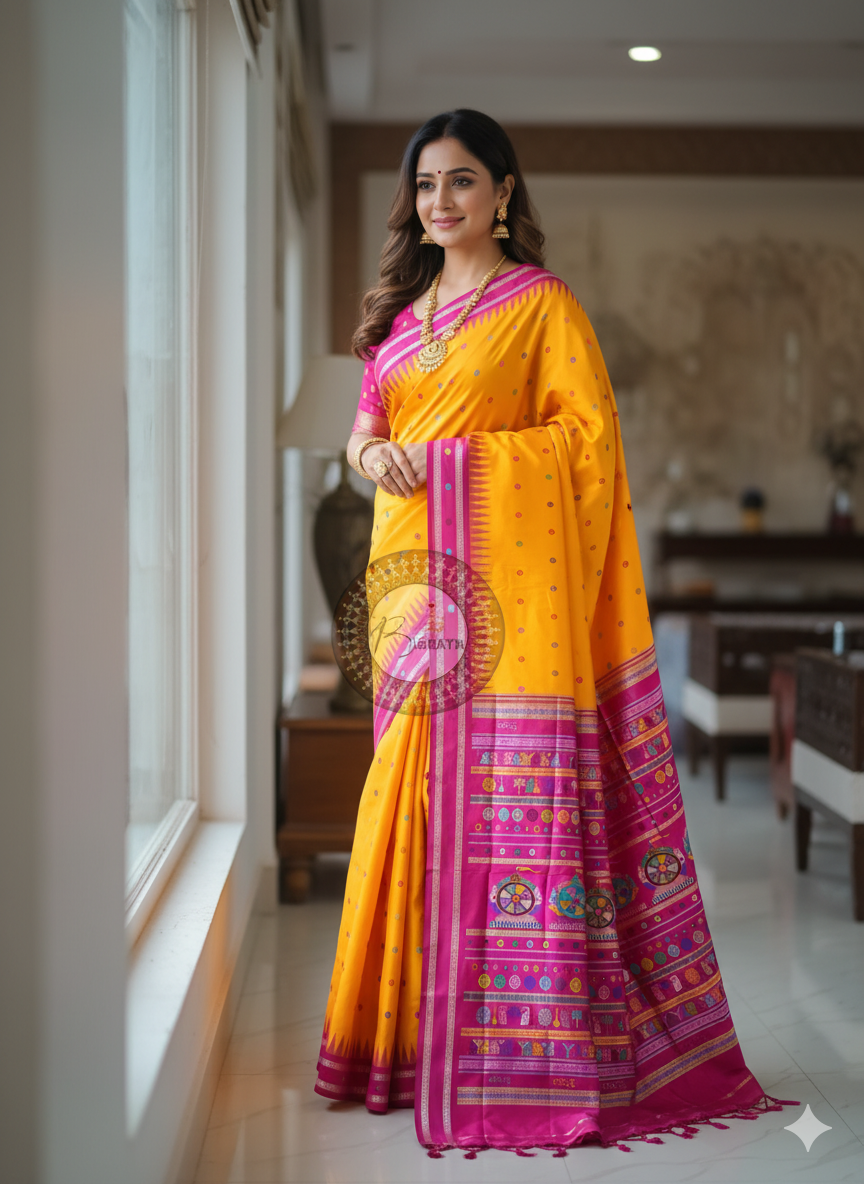Orange Magenta Neela Chakra Sambalpuri Silk Saree