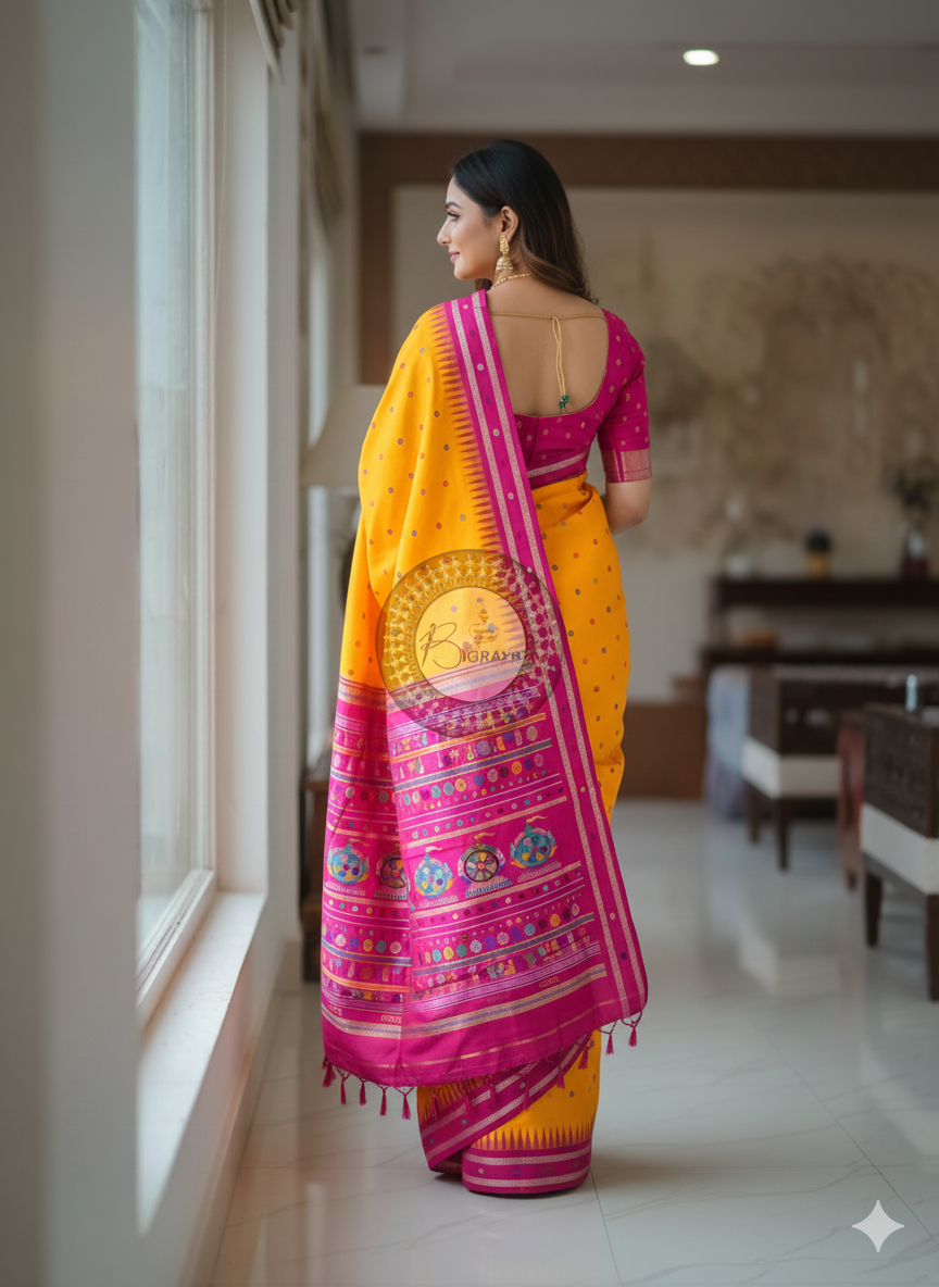 Orange Magenta Neela Chakra Sambalpuri Silk Saree