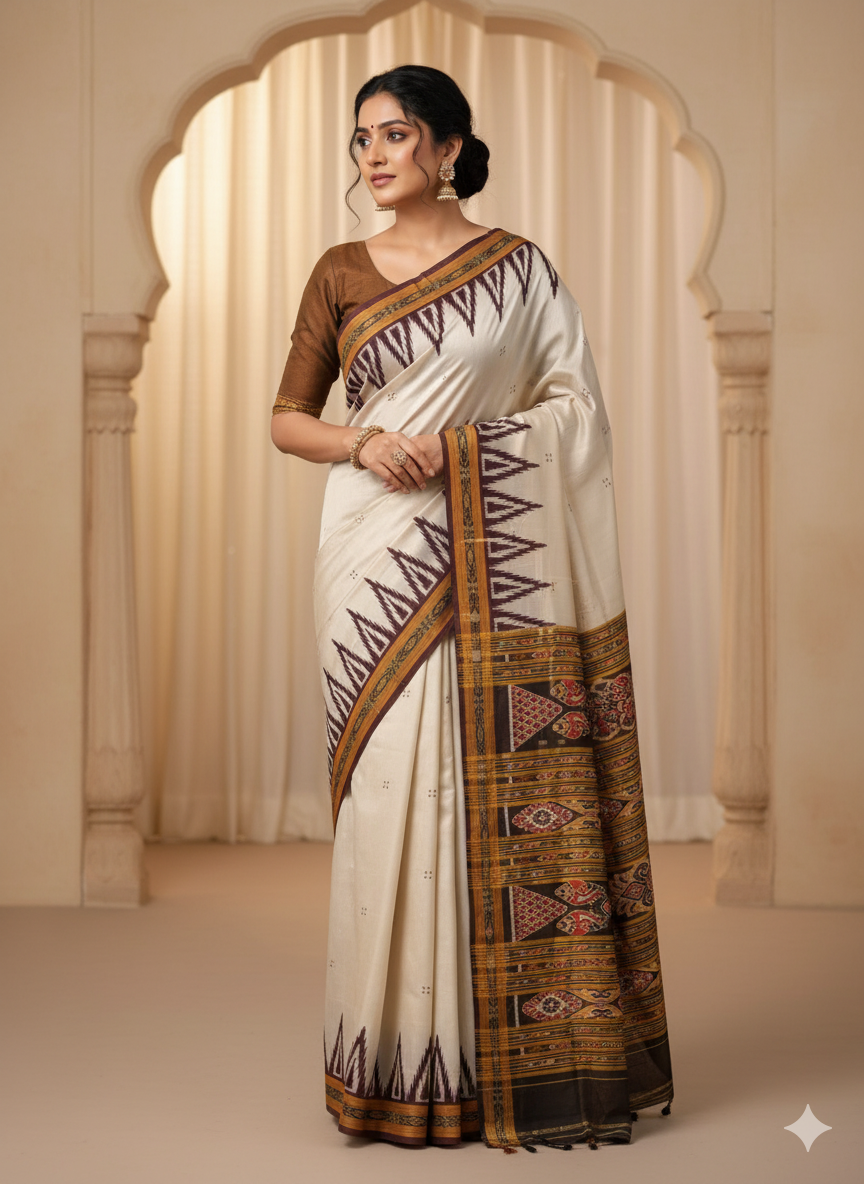Grey Coffee Buti Kumbha Khandua Silk Saree