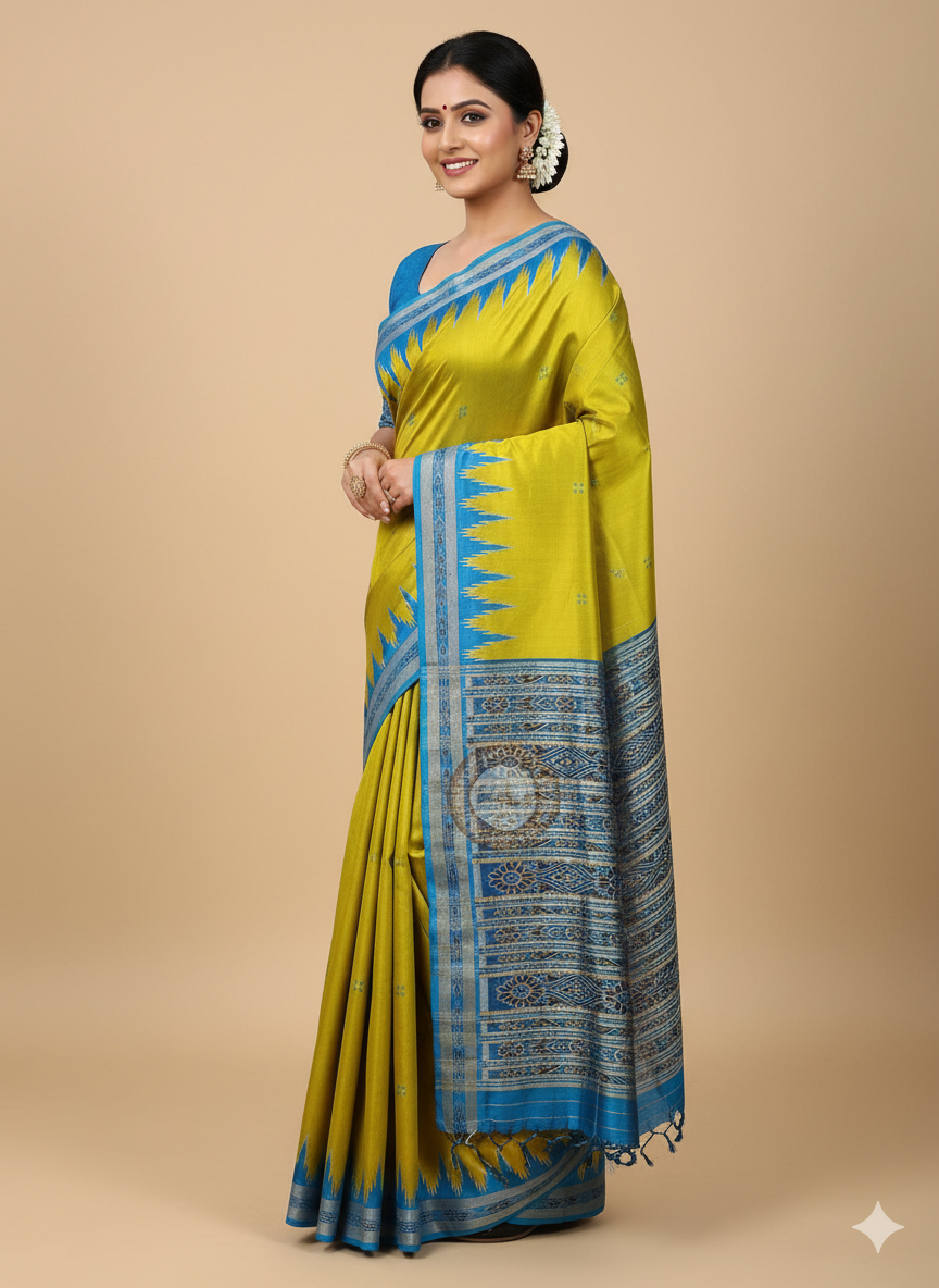 Neon Green Copper Sulphate Temples Khandua Silk Saree