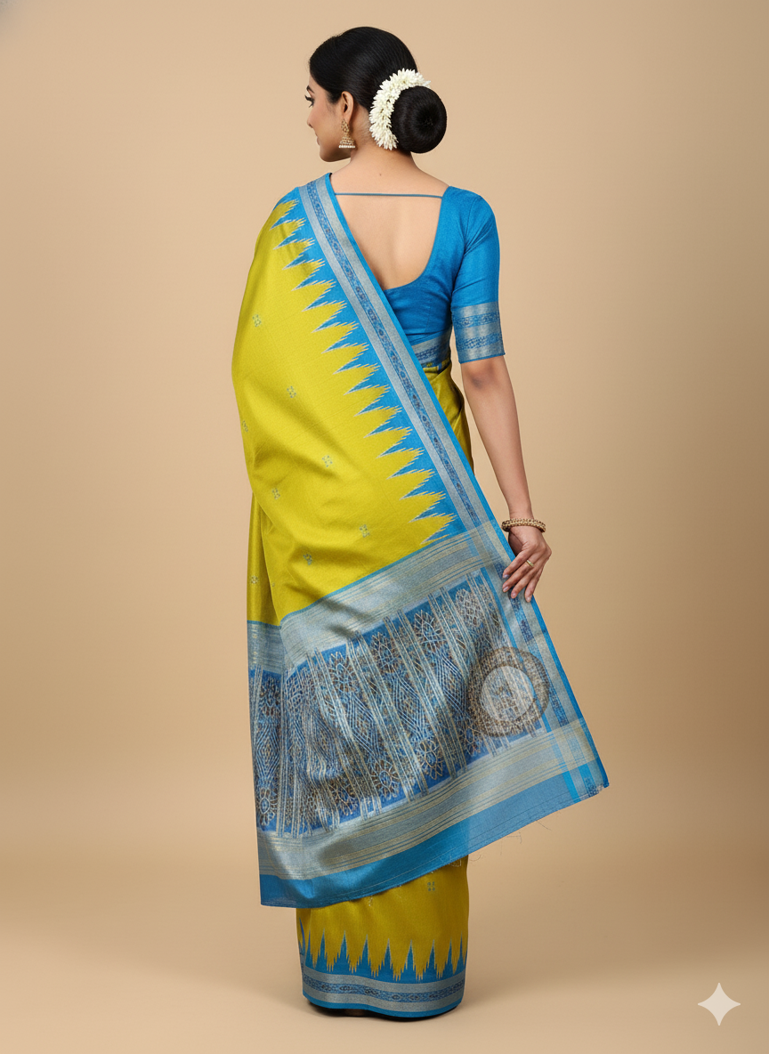 Neon Green Copper Sulphate Temples Khandua Silk Saree