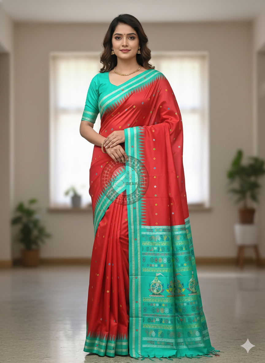 Red Sea Green Neela Chakra Sambalpuri Silk Saree