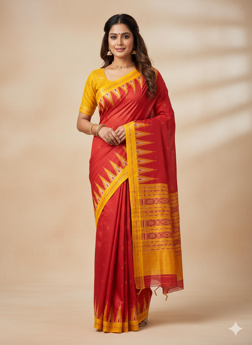 Red Yellow Buti Kumbha Khandua Silk Saree