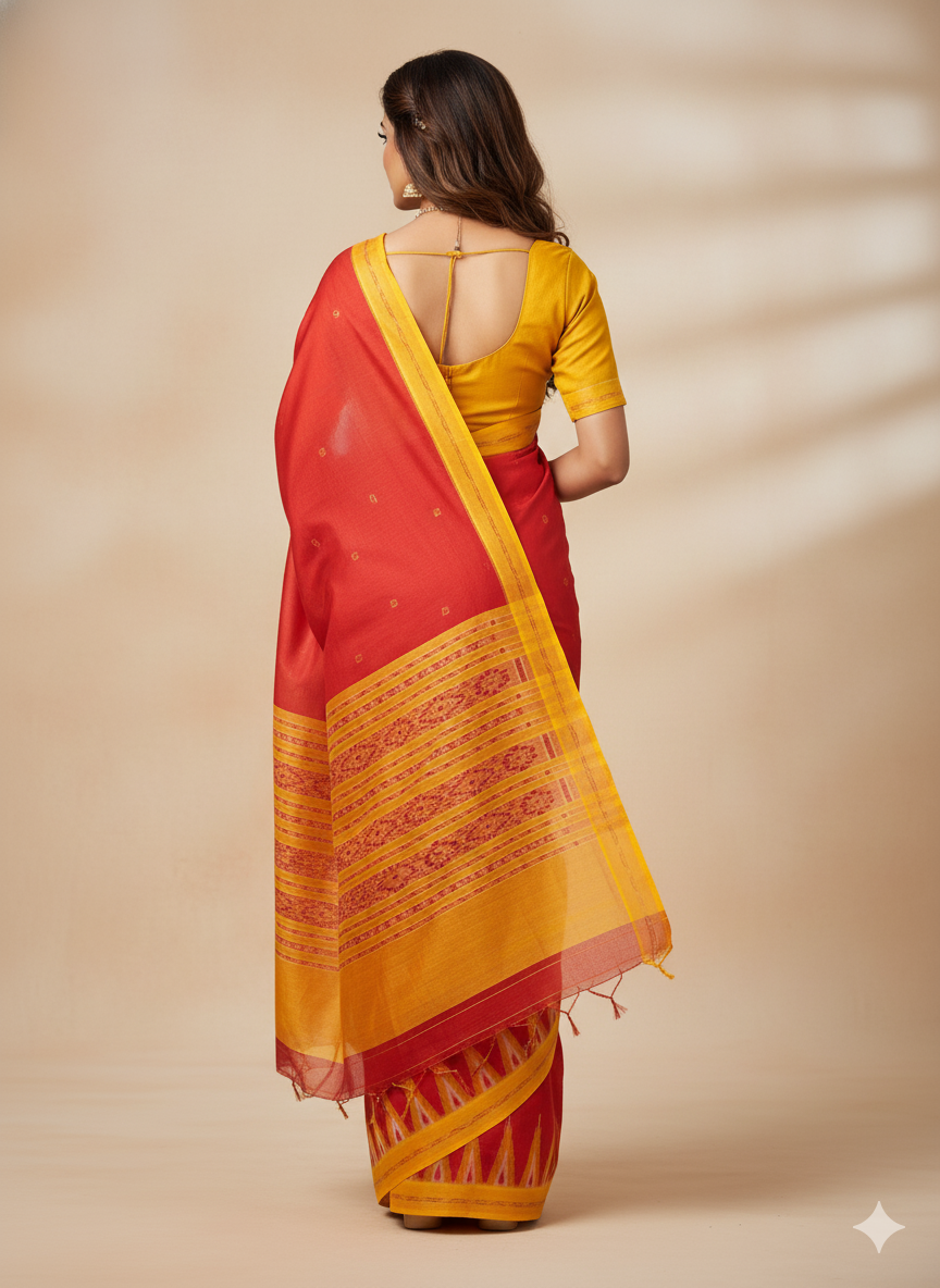 Red Yellow Buti Kumbha Khandua Silk Saree