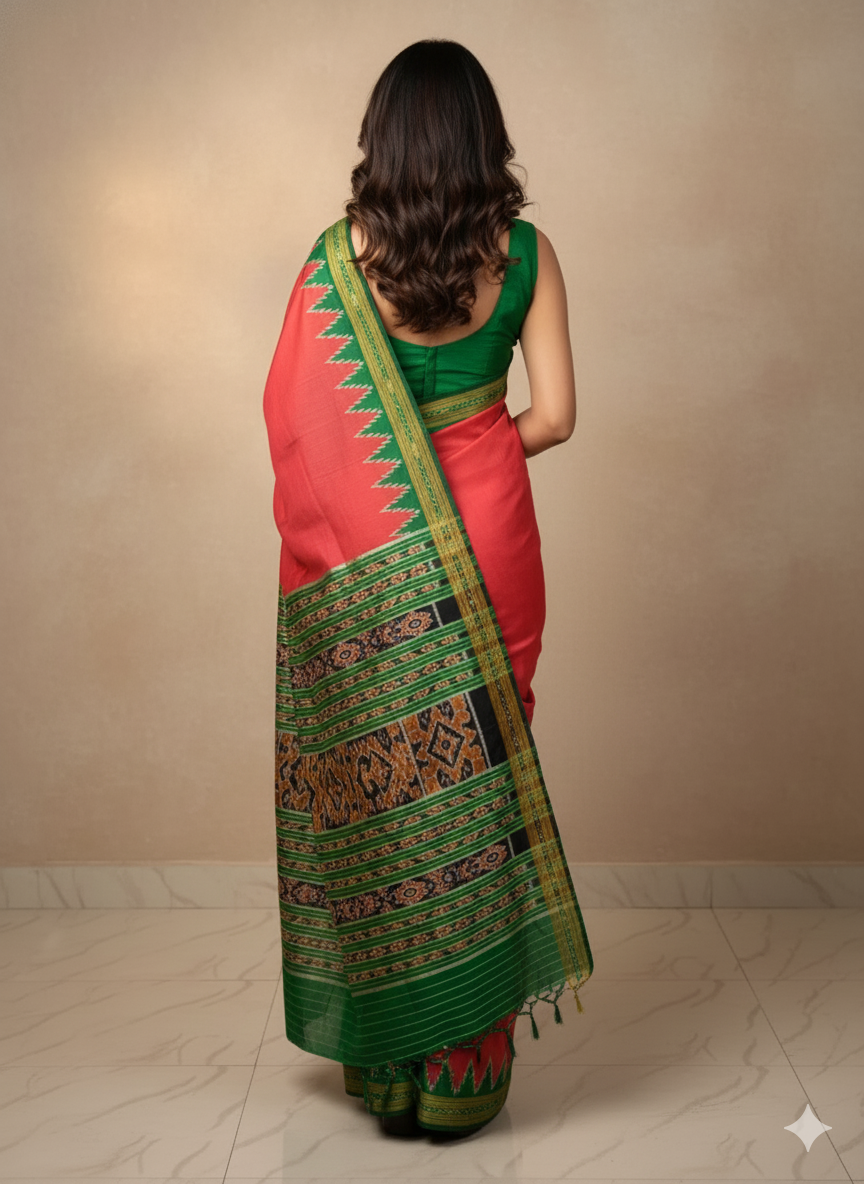 Red Green Buti Kumbha Khandua Silk Saree