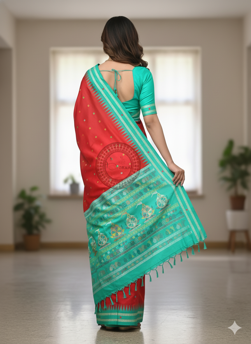 Red Sea Green Neela Chakra Sambalpuri Silk Saree