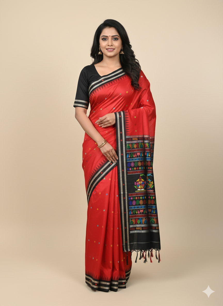 Red Black Neela Chakra Sambalpuri Silk Saree