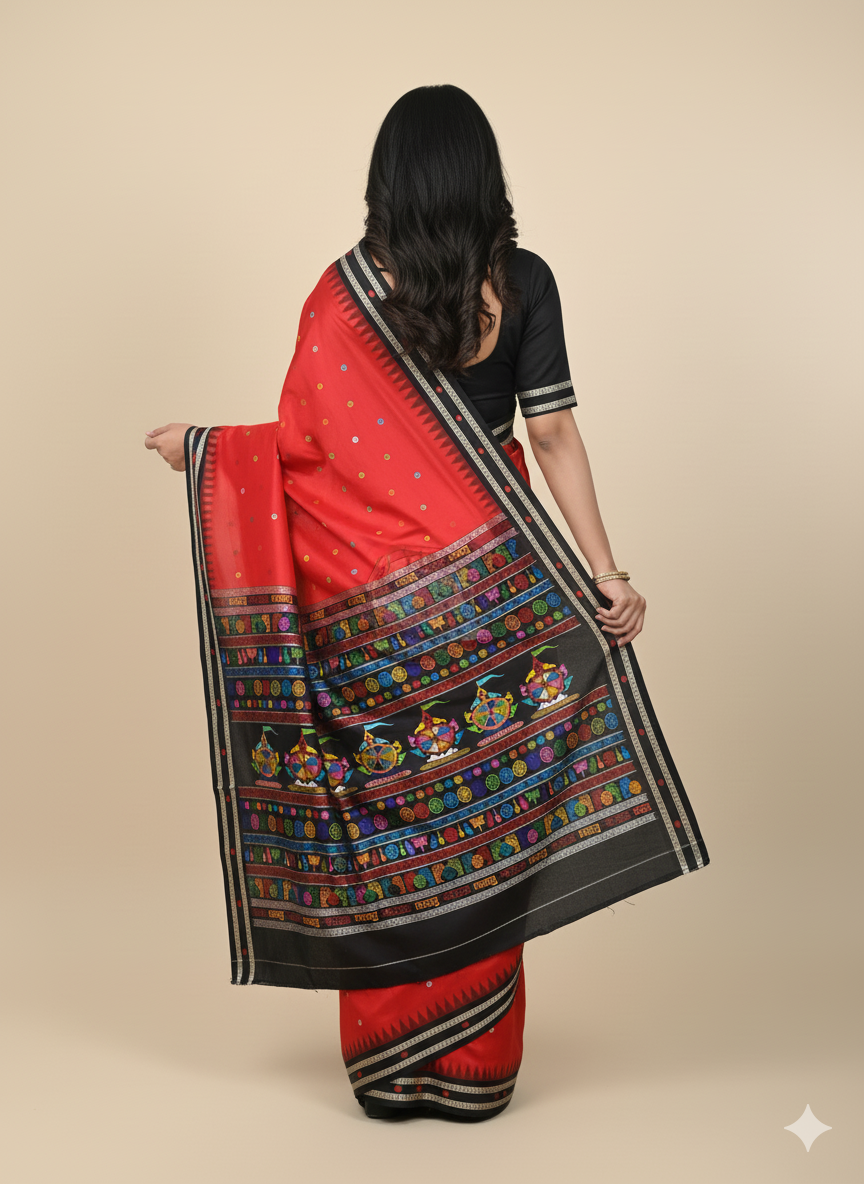 Red Black Neela Chakra Sambalpuri Silk Saree