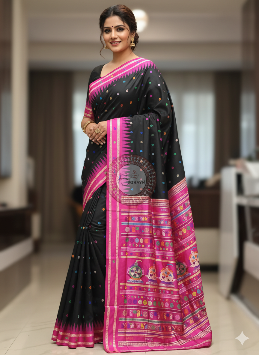 Black Magenta Neela Chakra Sambalpuri Silk Saree