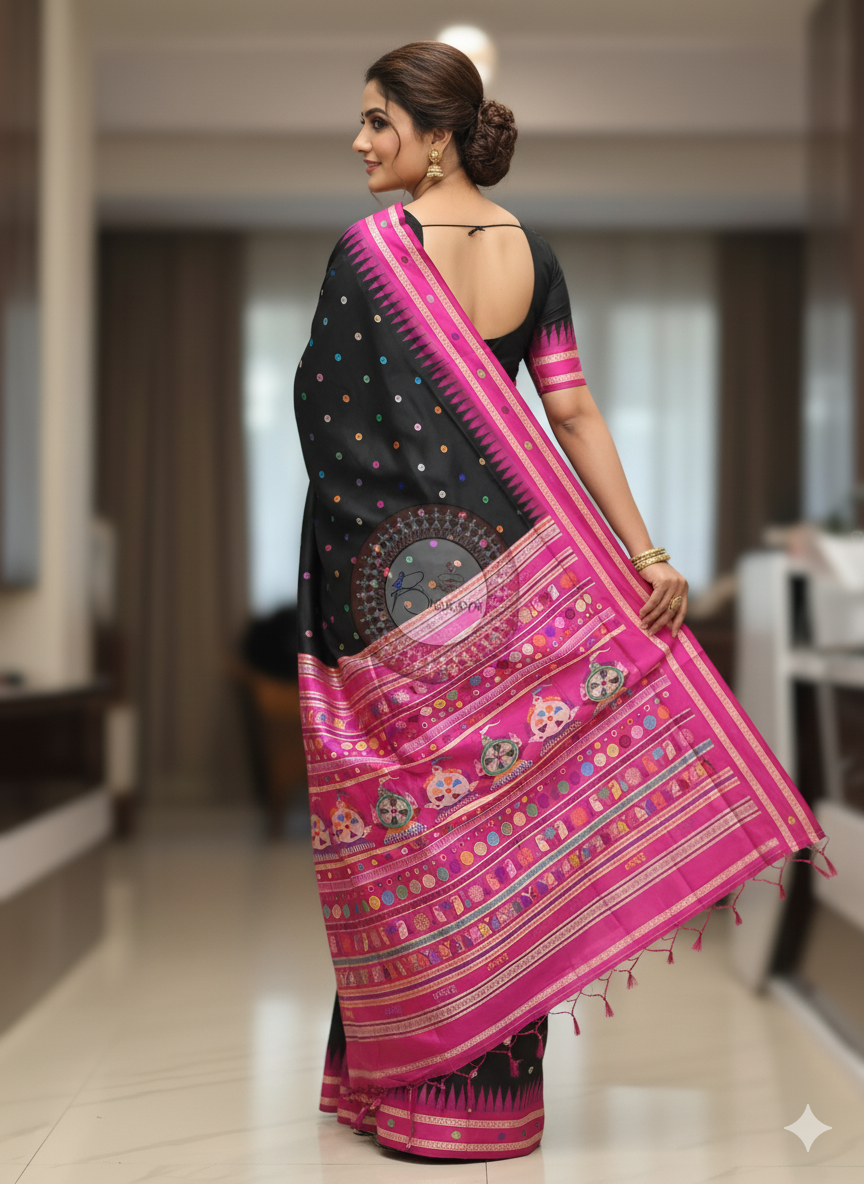 Black Magenta Neela Chakra Sambalpuri Silk Saree