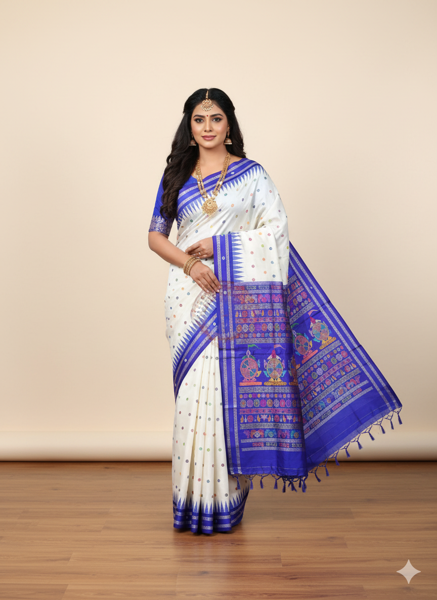 White Blue Neela Chakra Sambalpuri Silk Saree