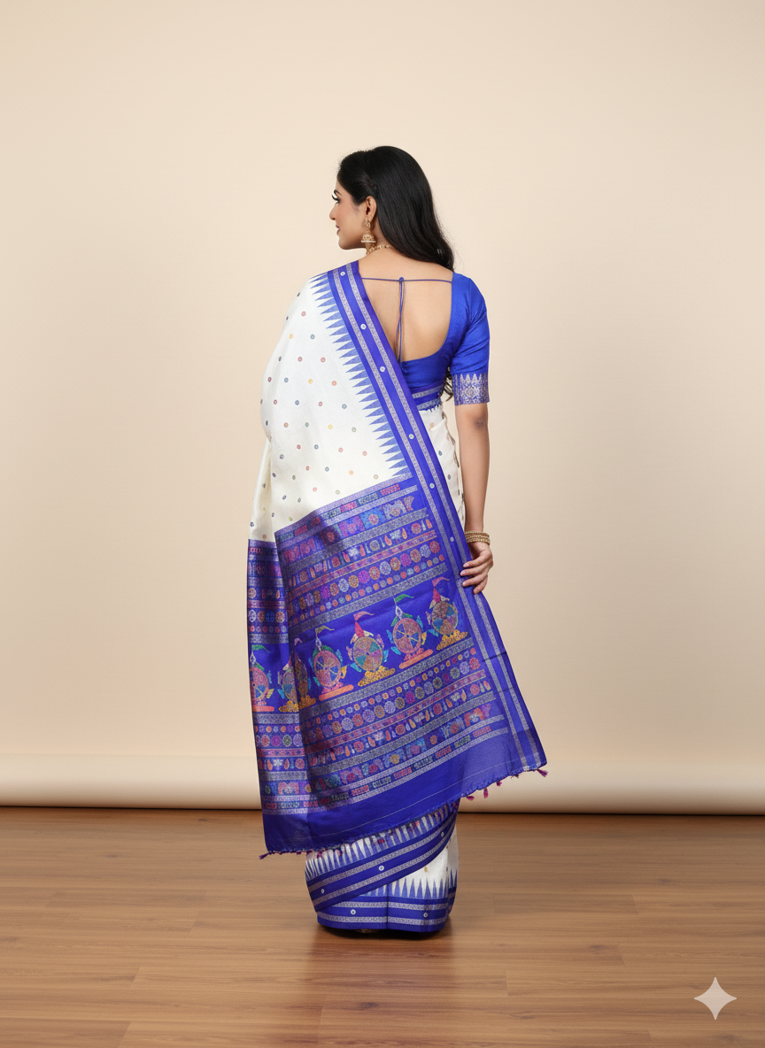 White Blue Neela Chakra Sambalpuri Silk Saree