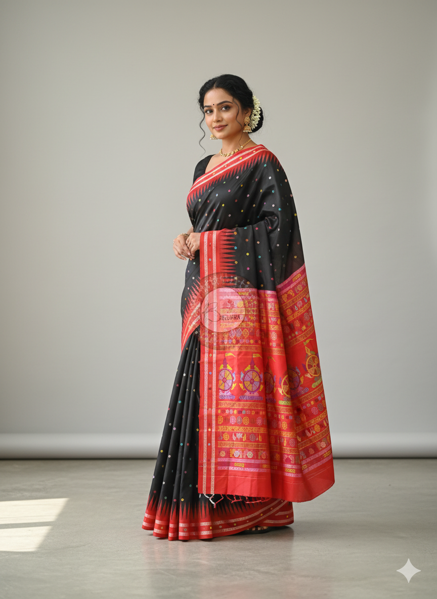 Black Red Neela Chakra Sambalpuri Silk Saree