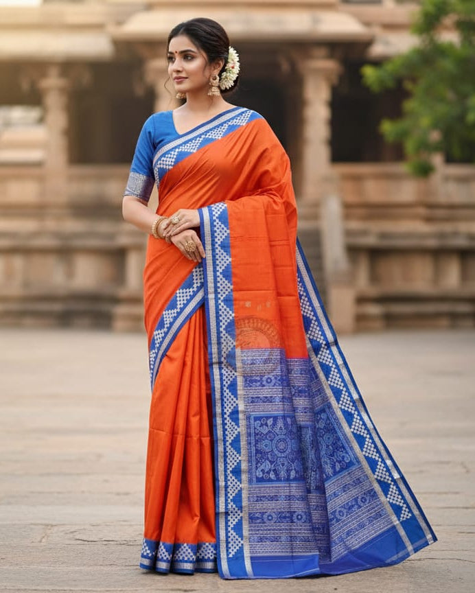 Orangee Blue Scot Pasapali Border Odisha Handloom Bomkai SIlk Saree