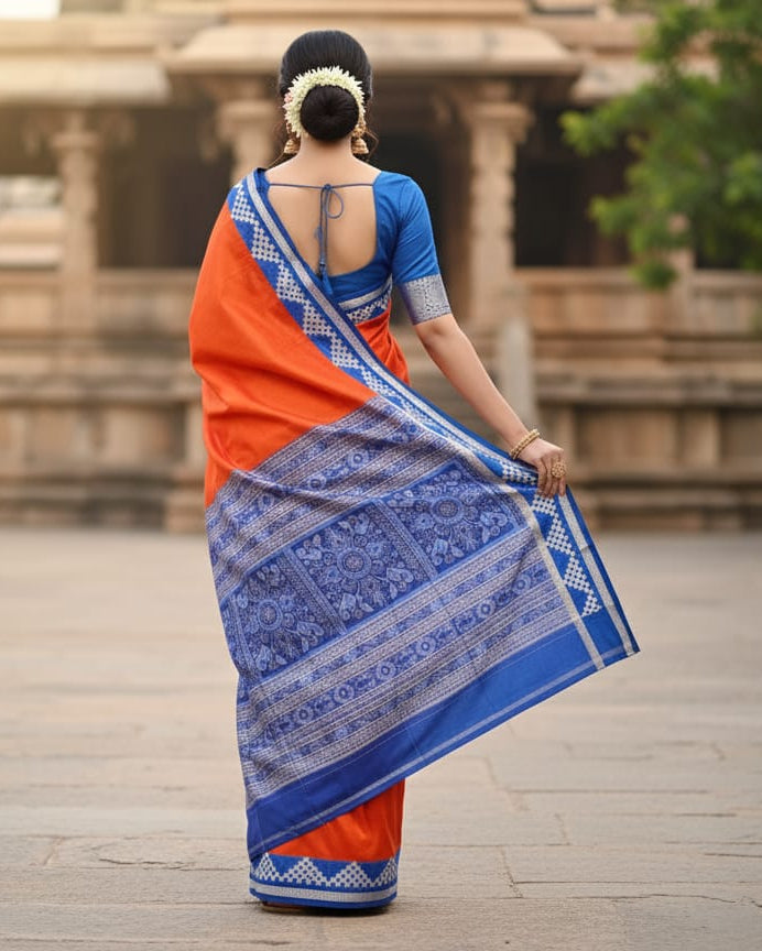 Orangee Blue Scot Pasapali Border Odisha Handloom Bomkai SIlk Saree