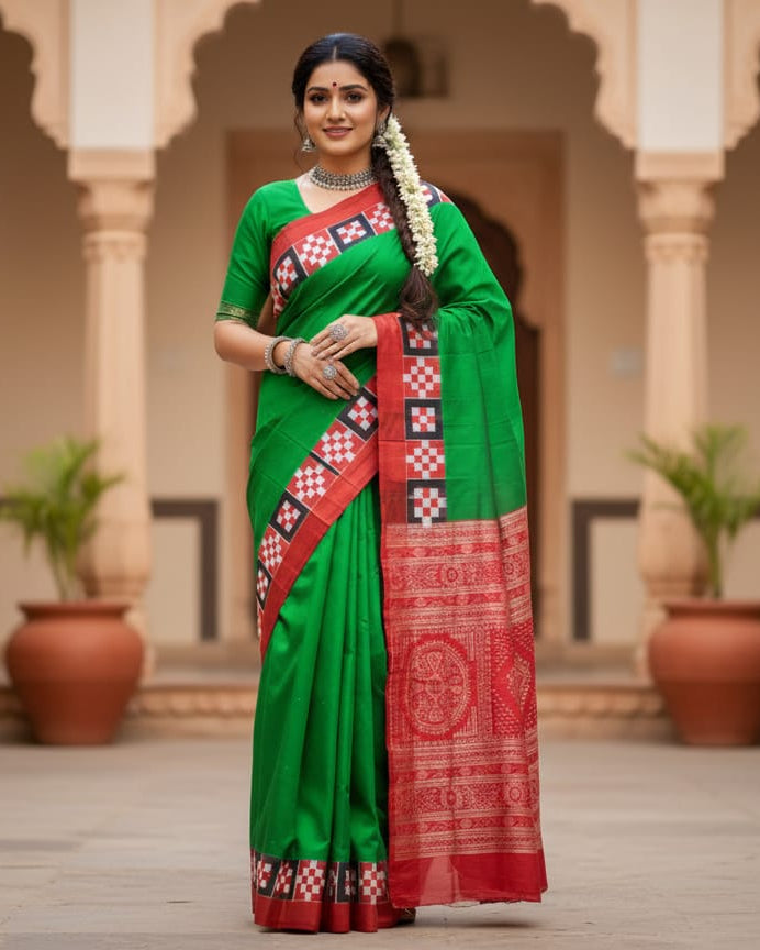 Green Red Scot Pasapali Odisha Handloom Bomkai SIlk Saree