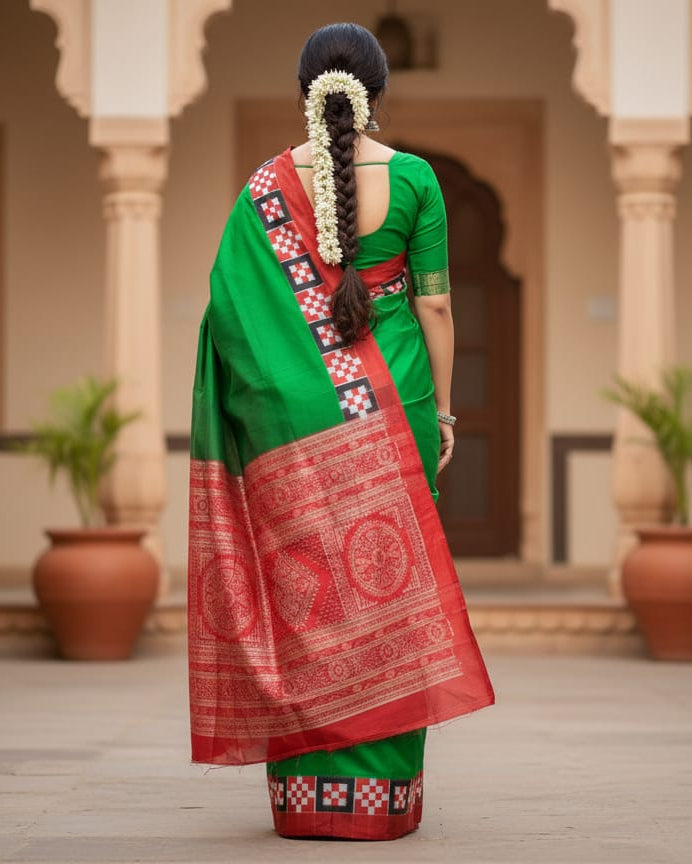 Green Red Scot Pasapali Odisha Handloom Bomkai SIlk Saree