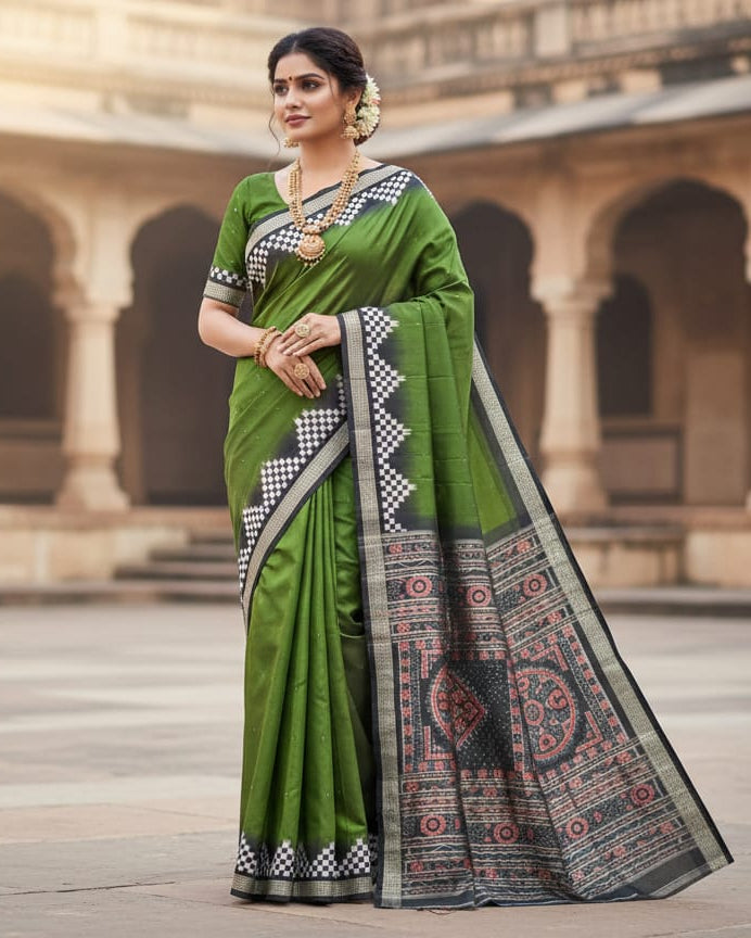 Mehendi Green Black Scot Pasapali Border Odisha Handloom Bomkai SIlk Saree
