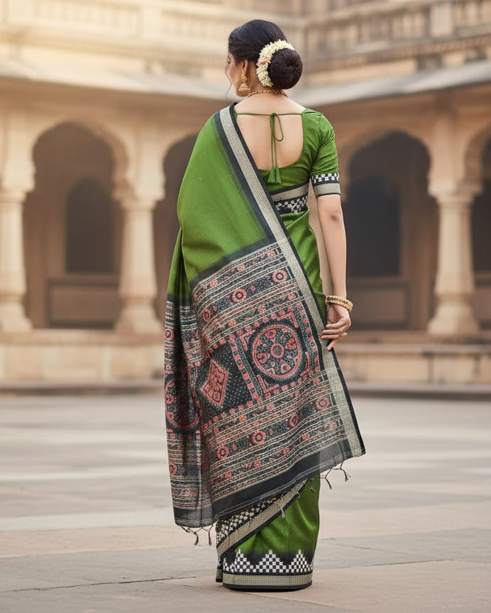 Mehendi Green Black Scot Pasapali Border Odisha Handloom Bomkai SIlk Saree