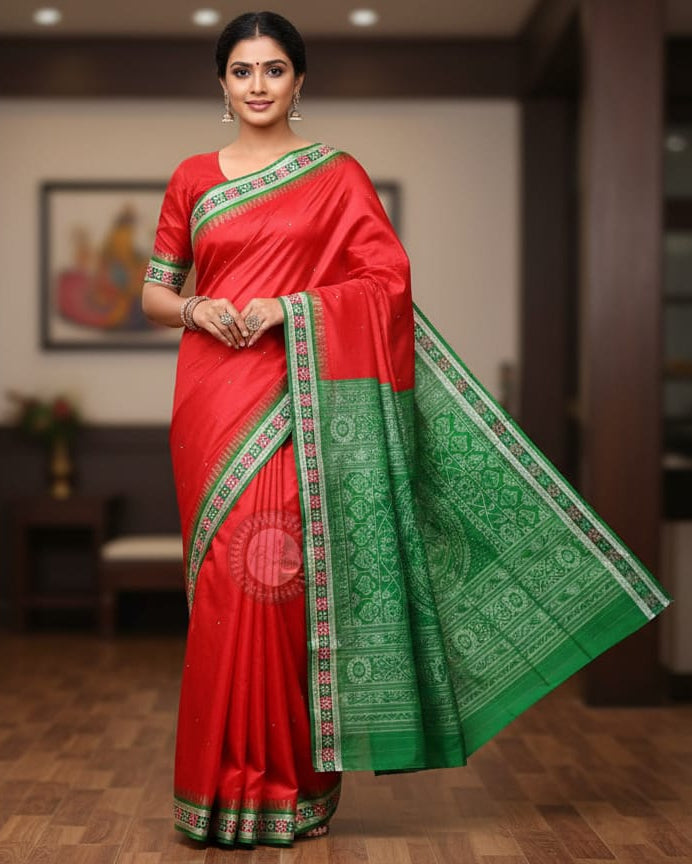 Red Green Sakta Border Odisha Handloom Bomkai Silk Saree