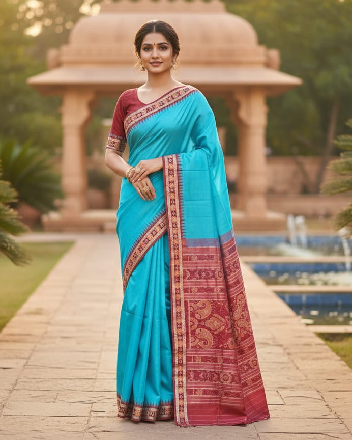 Copper Sulphate Maroon Sakta Border Odisha Handloom Bomkai Silk Saree