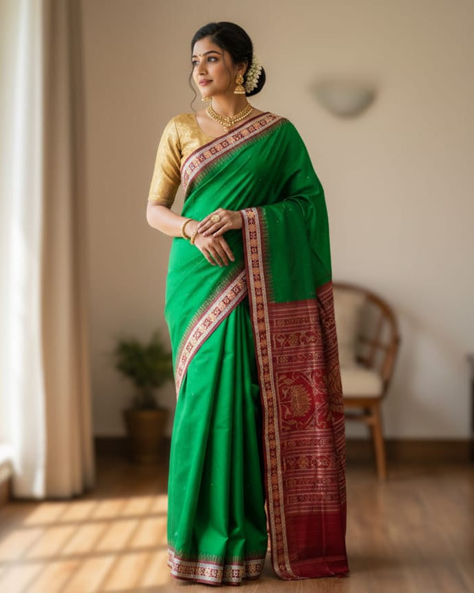 Green Maroon Sakta Border Odisha Handloom Bomkai Silk Saree