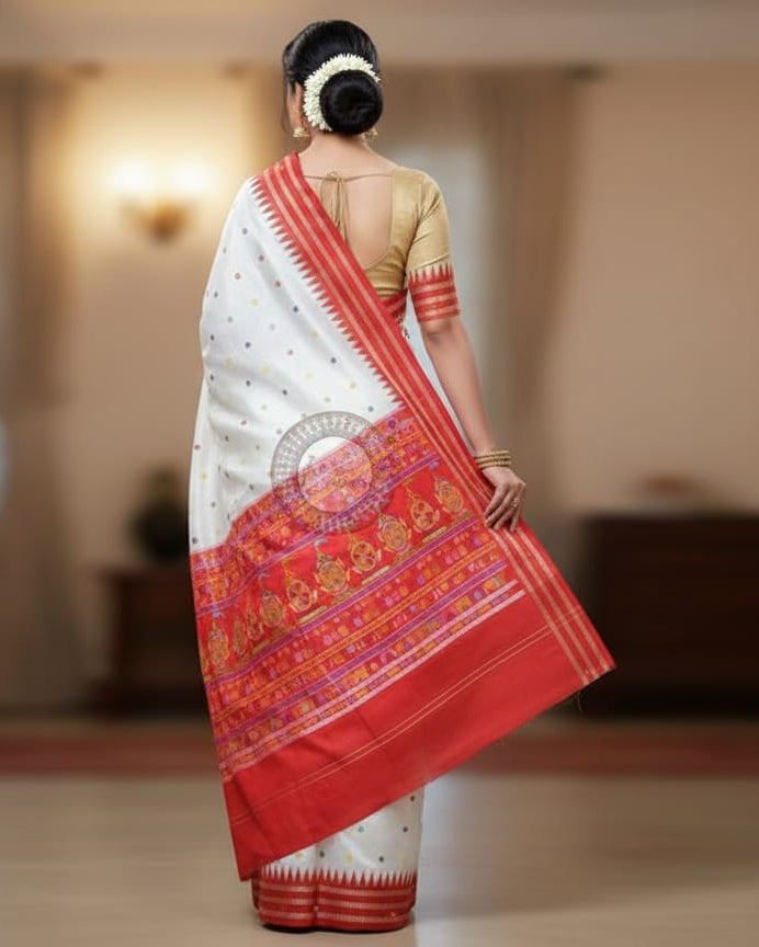 White Red Neela Chakra Sambalpuri Silk Saree