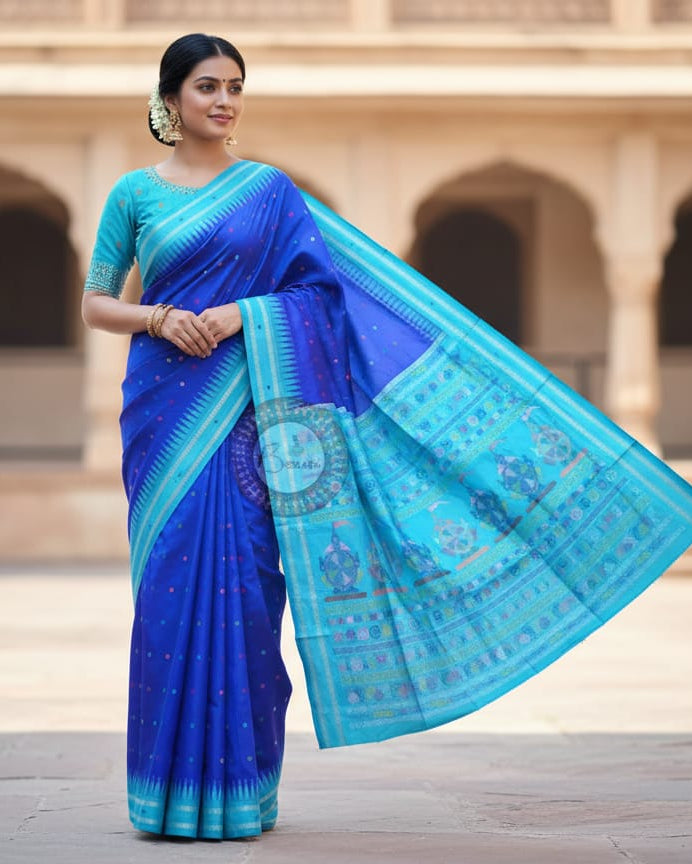 Blue Copper Sulphate Neela Chakra Sambalpuri Silk Saree