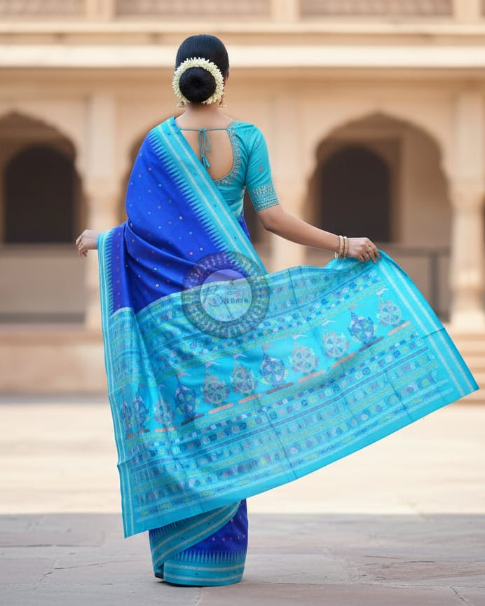 Blue Copper Sulphate Neela Chakra Sambalpuri Silk Saree