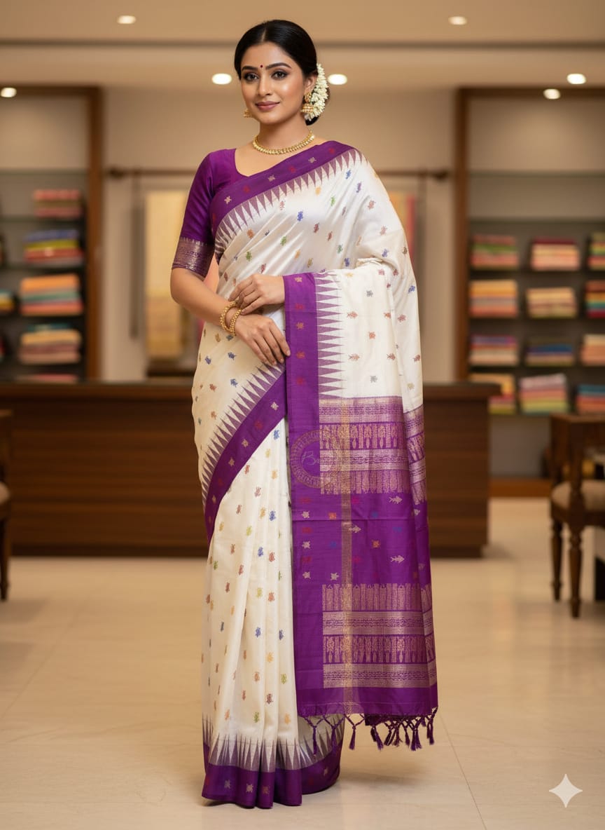 Mastya Kachhap White Violet Bomkai Silk Saree: Timeless Elegance and Vibrant Hues