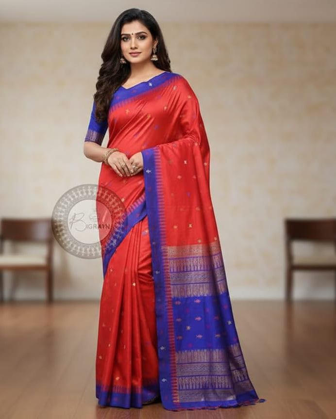 Red Blue Mastya Kachhap Bomkai Silk Saree