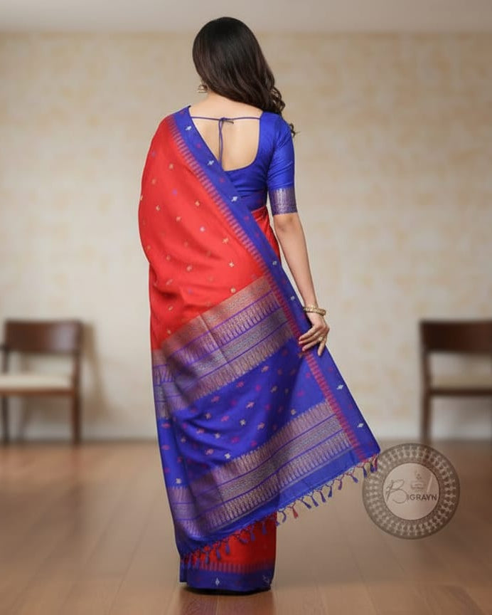 Red Blue Mastya Kachhap Bomkai Silk Saree