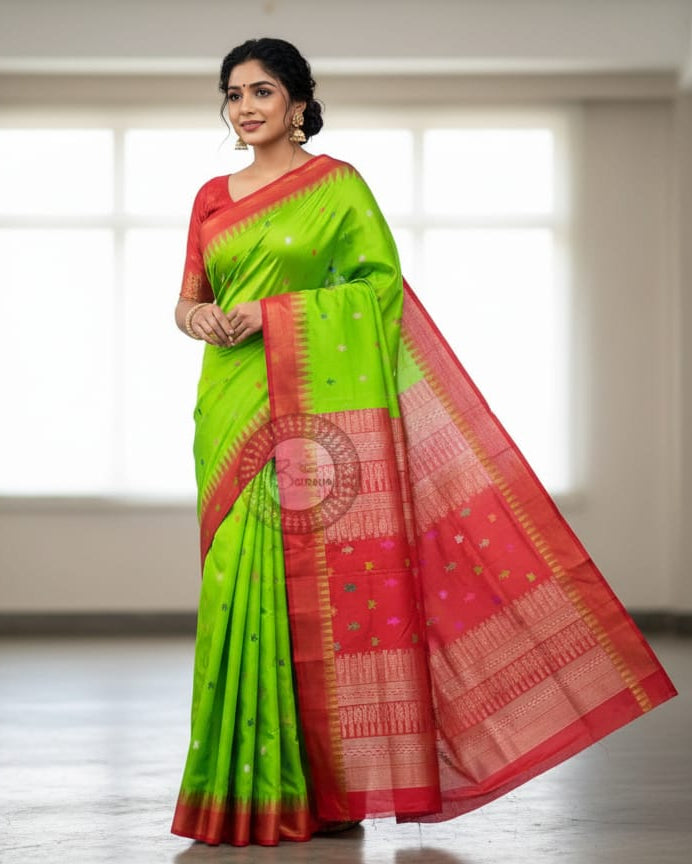 Green Red Mastya Kachhap Bomkai Silk Saree
