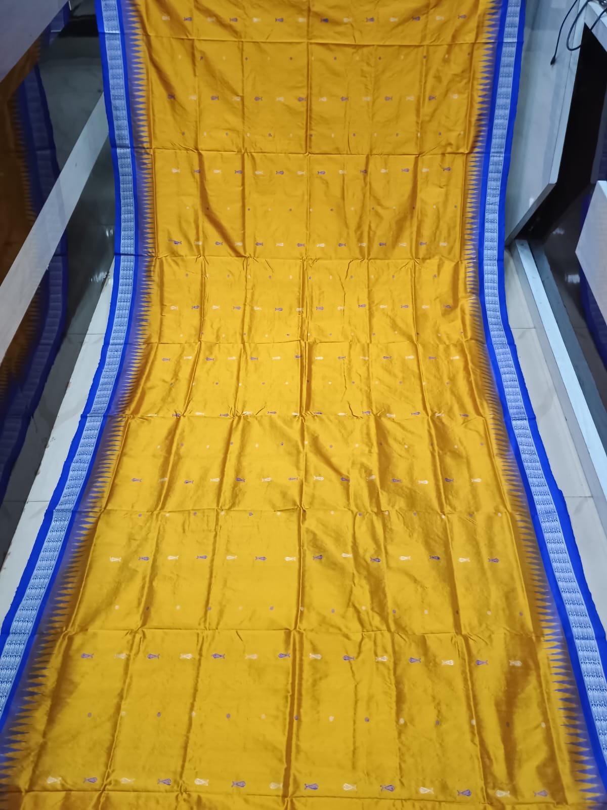 Yellow Blue Fish Buti Bomkai Silk Saree