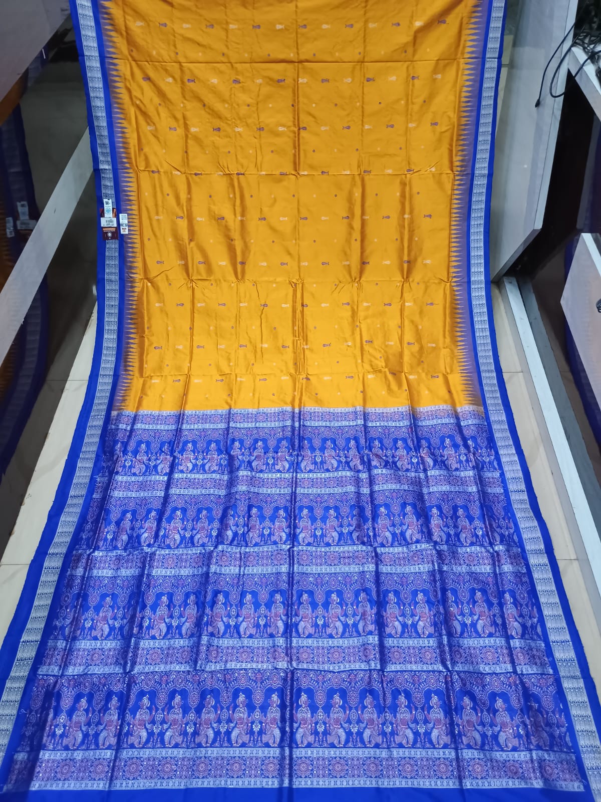 Yellow Blue Fish Buti Bomkai Silk Saree
