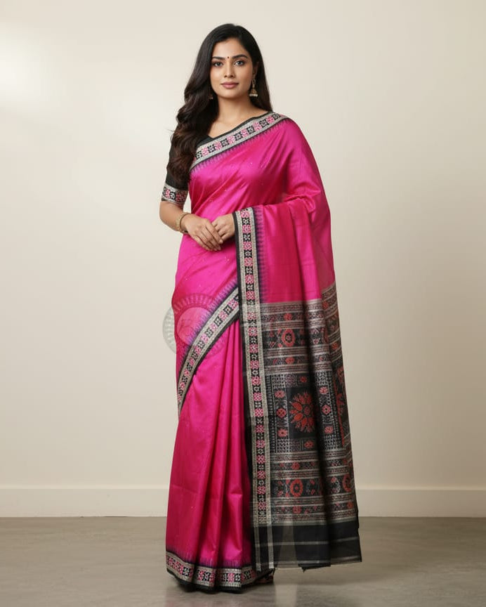 Magenta Black Sakta Border Odisha Handloom Bomkai Silk Saree