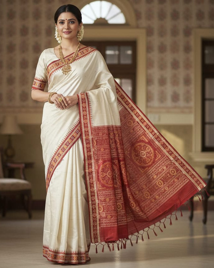 Off White Maroon Sakta Border Odisha Handloom Bomkai Silk Saree