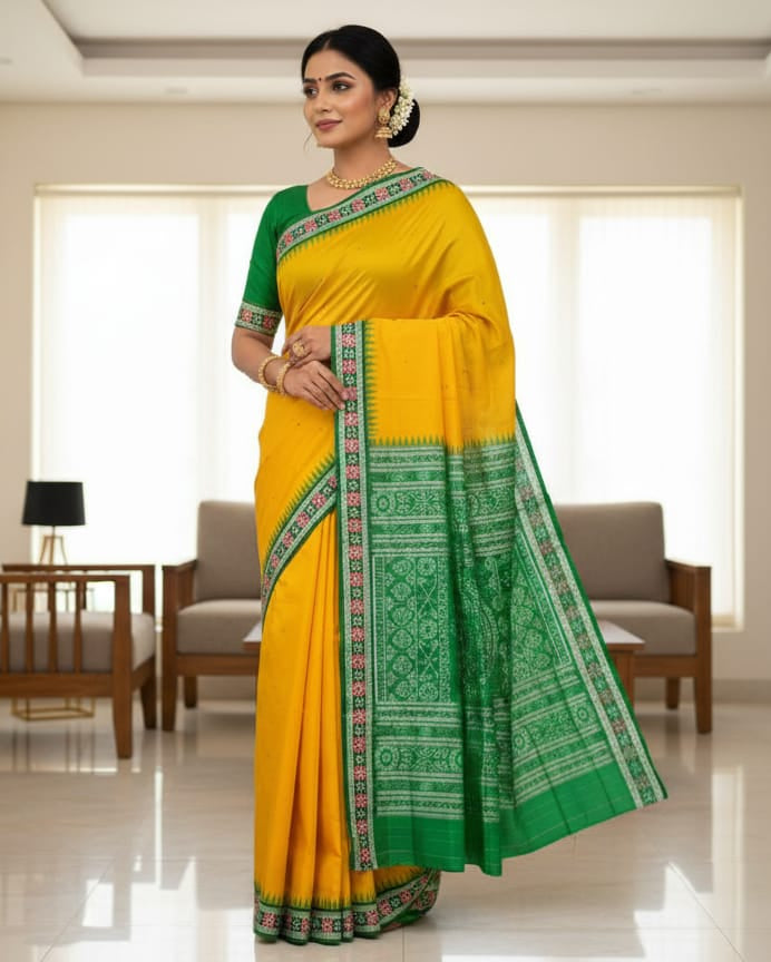 Yellow Green Sakta Border Odisha Handloom Bomkai Silk Saree
