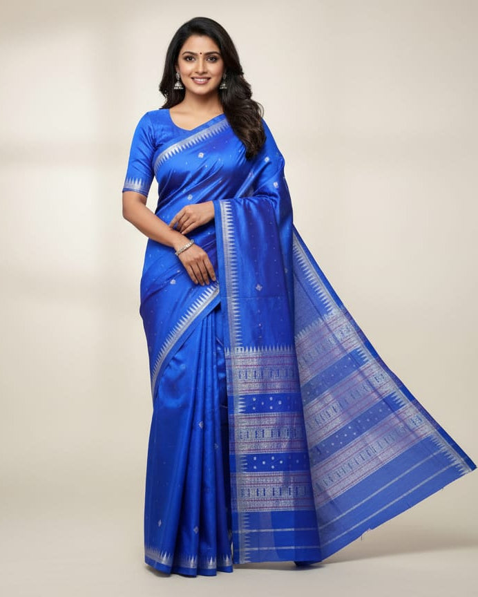 Blue Silver Ek Phulia Bomkai Silk Saree