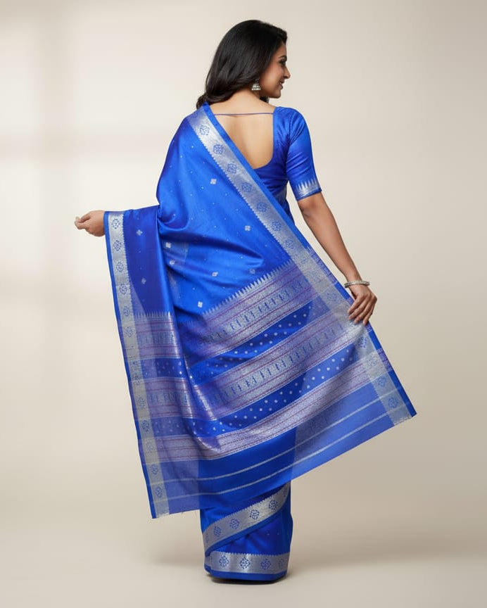 Blue Silver Ek Phulia Bomkai Silk Saree