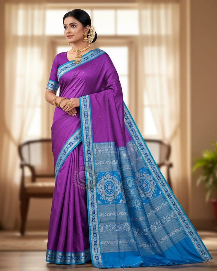 Purple Copper Sulphate Sakta Border Odisha Handloom Bomkai Silk Saree