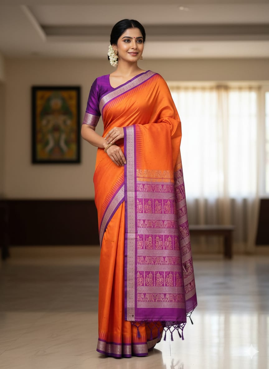 Orange Purple Buti Bomkai Silk Saree