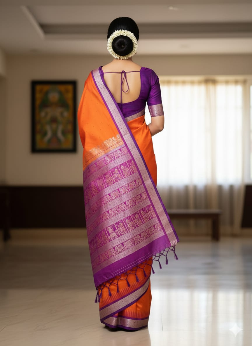 Orange Purple Buti Bomkai Silk Saree